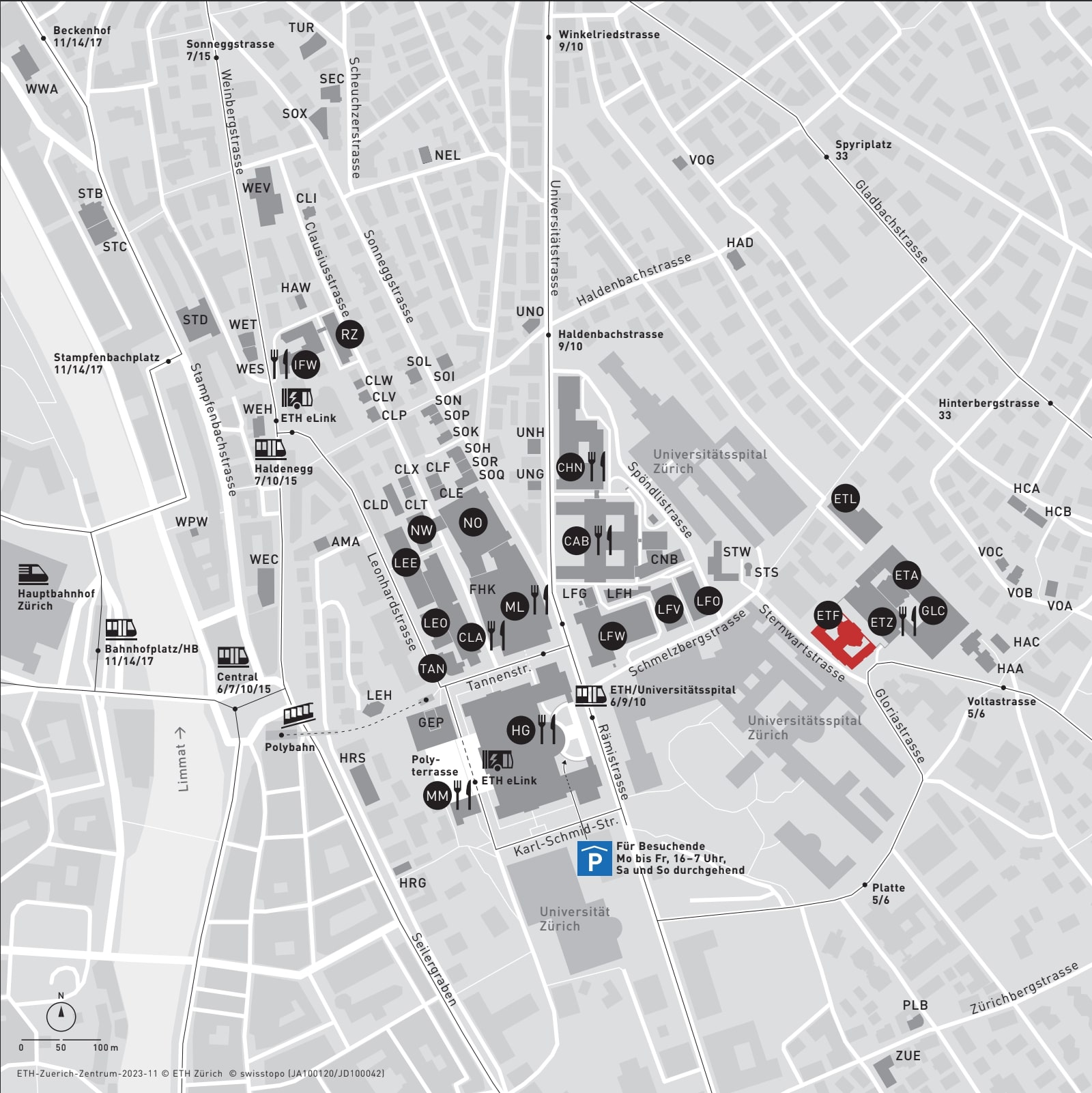 Location Map ETF Building ETHZ at Sternwartstrasse 7, 8092 Zurich, with closest tram stations Voltastrasse (to the east) and ETH/Universitätsspital (to the west).